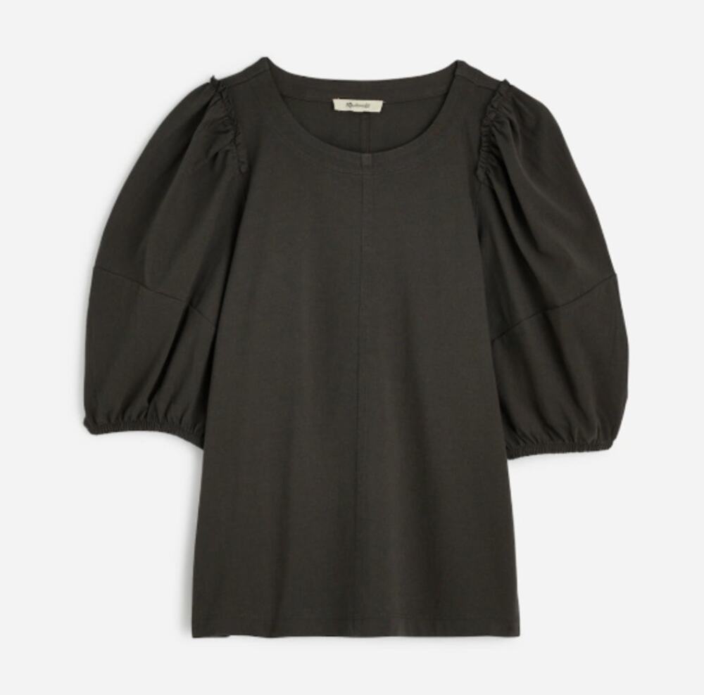 Madewell Puff-Sleeve Tee Sz L Dark Surplus Crewneck Relaxed Pullover Ruffle Trim